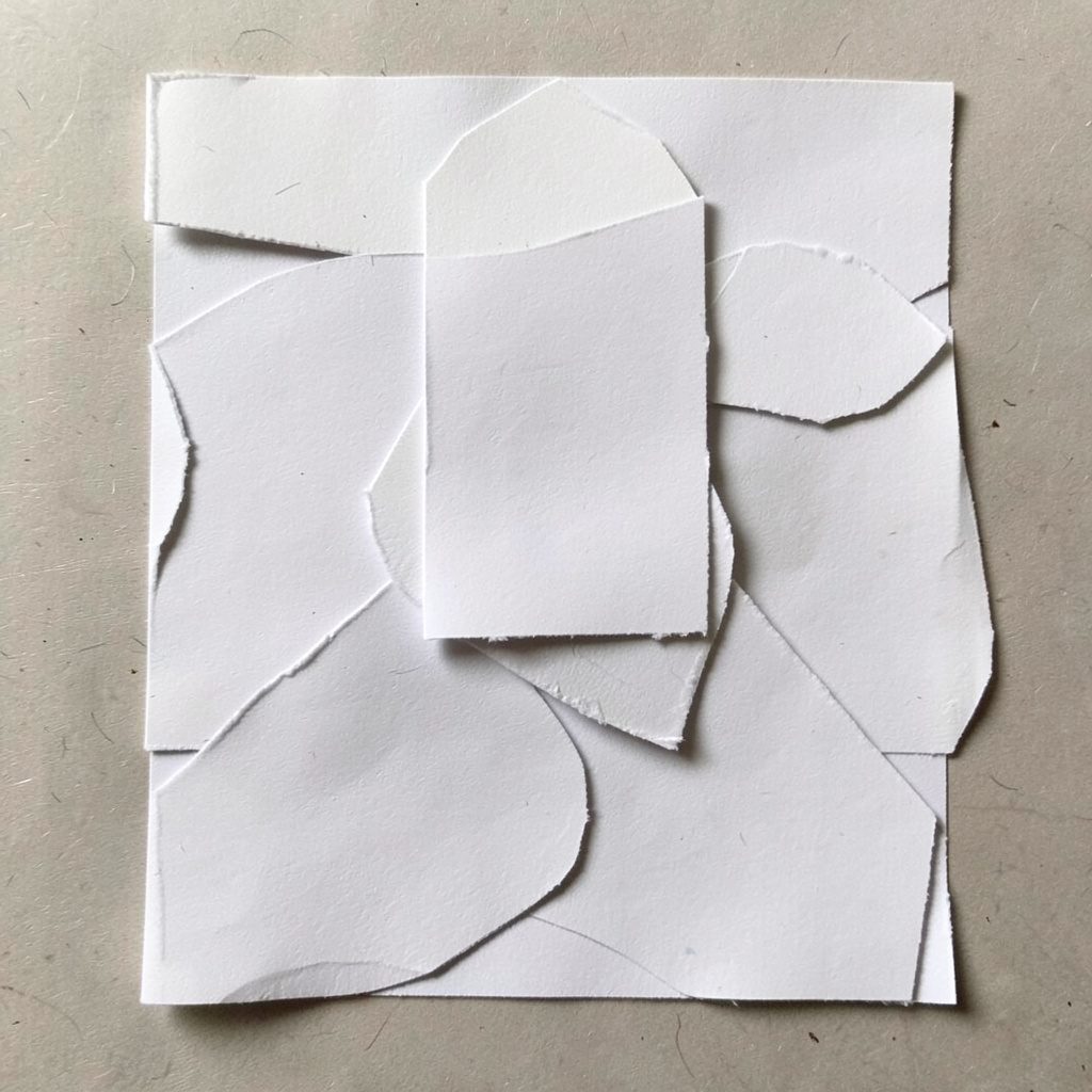 Layered paper-cut collage of a moody lounge lounge area with low lighting and warm accents
